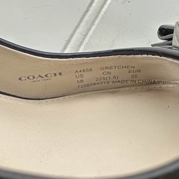 Coach Gretchen 5 Black Patent Leather Silver Logo Wedge Heel, Peep Toe Damage - Picture 8 of 9